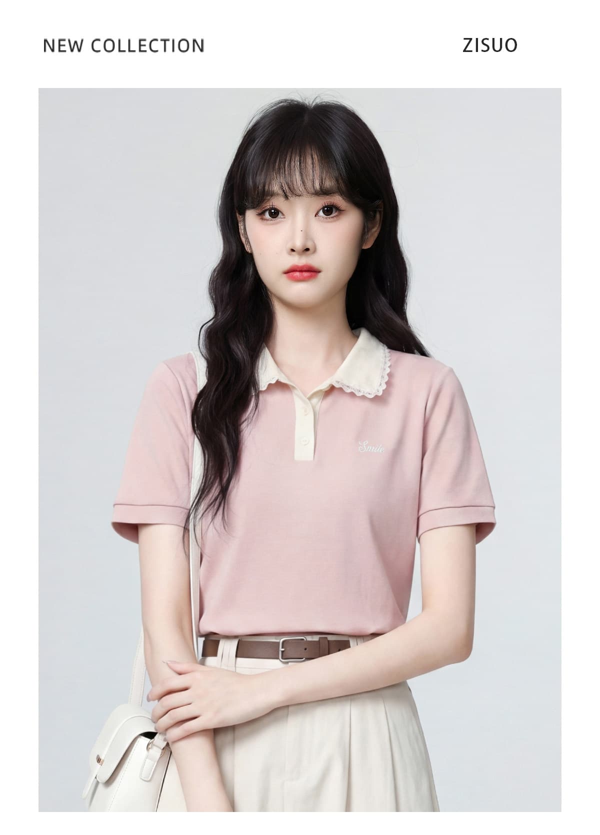눈꽃 구슬 그라운드 210 그램 반팔 티셔츠 여성 의류 여름 새로운 디자인 센스 자수 POLO 칼라 맨위 상세 이미지 11
