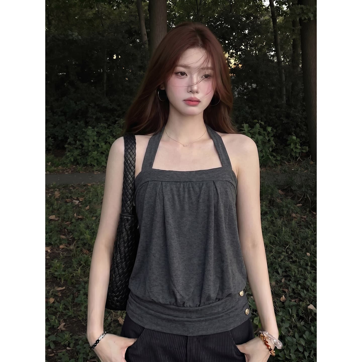 행침 목 튜브탑 회색 캐미솔 여름 고급 디자인 센스 꽃밭 민소매 외출용 쇼트 스타일 맨위