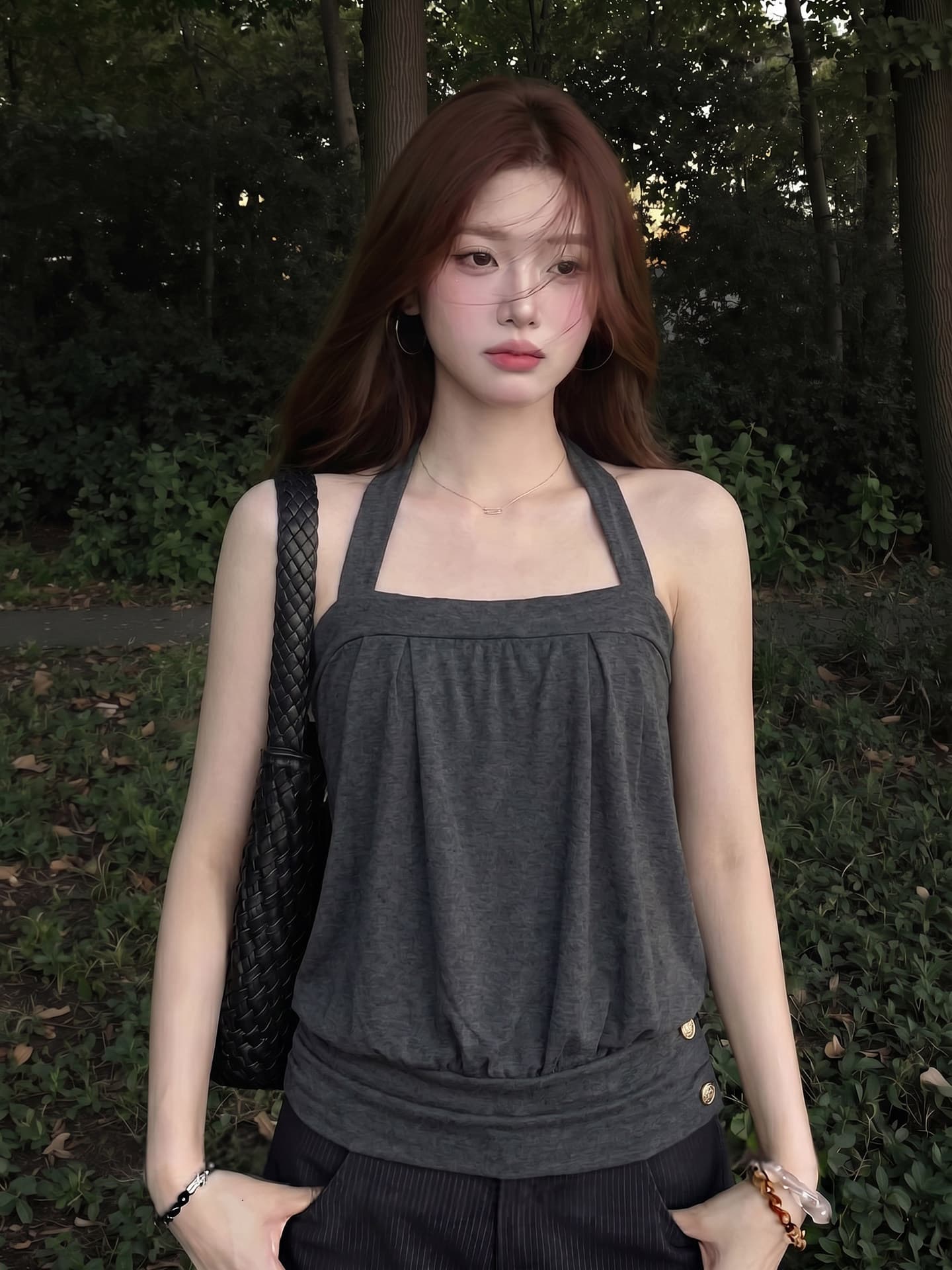 행침 목 튜브탑 회색 캐미솔 여름 고급 디자인 센스 꽃밭 민소매 외출용 쇼트 스타일 맨위 상세 이미지 2