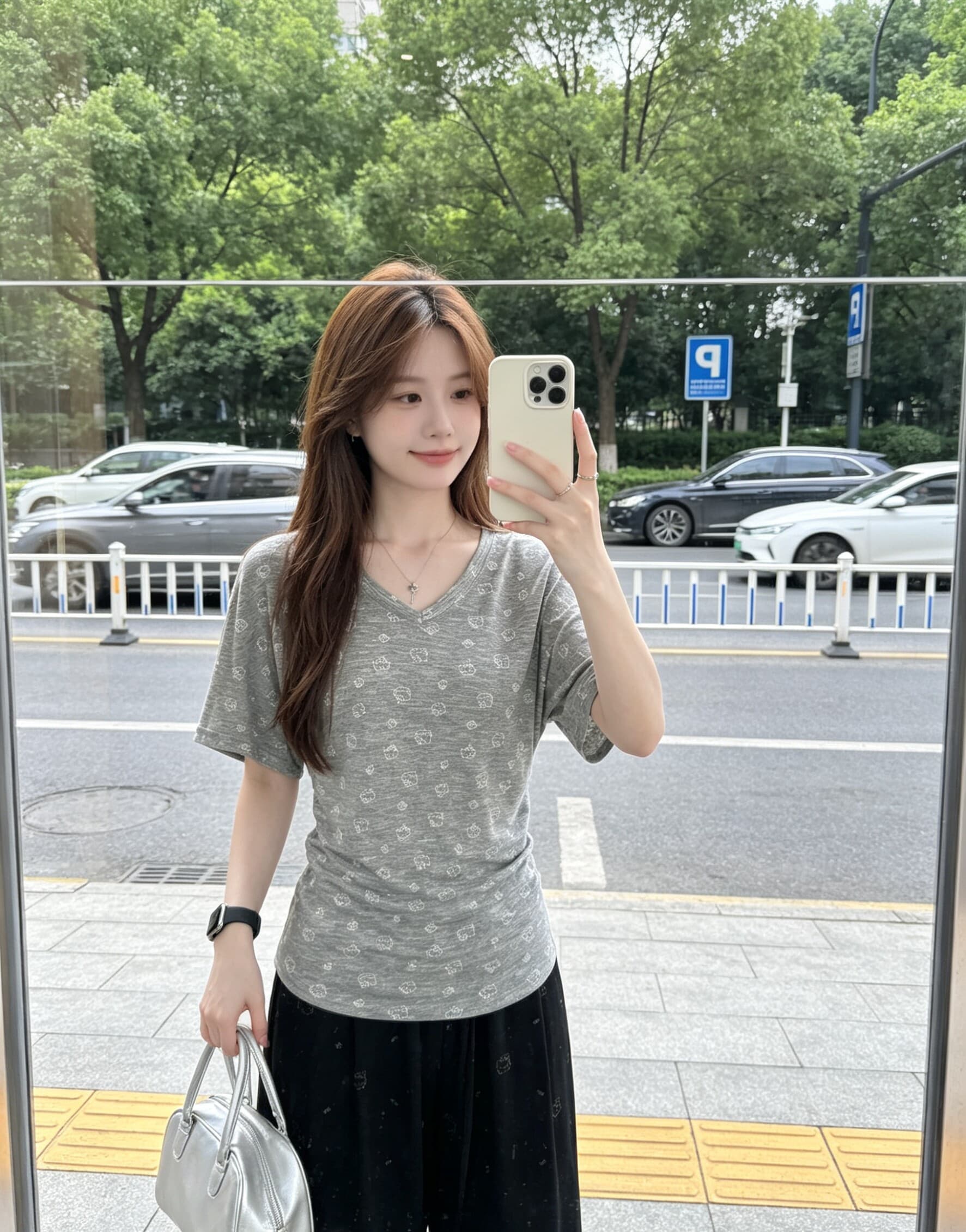 회색 V넥 중간 소매 티셔츠 여성 2026 여름 새로운 순수한 욕망 바람 프린트 허리 수축 몸매 가꾸기 슬림해 보이는 맨위 상세 이미지 5