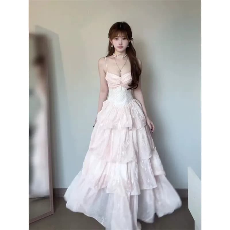 벨트 가슴 패드 스카프 프랑스식 천 금빛 바람 핑크색 도트 무늬 슬립 드레스 여름 새로운 슈퍼 요정 케이크 드레스 상세 이미지 1