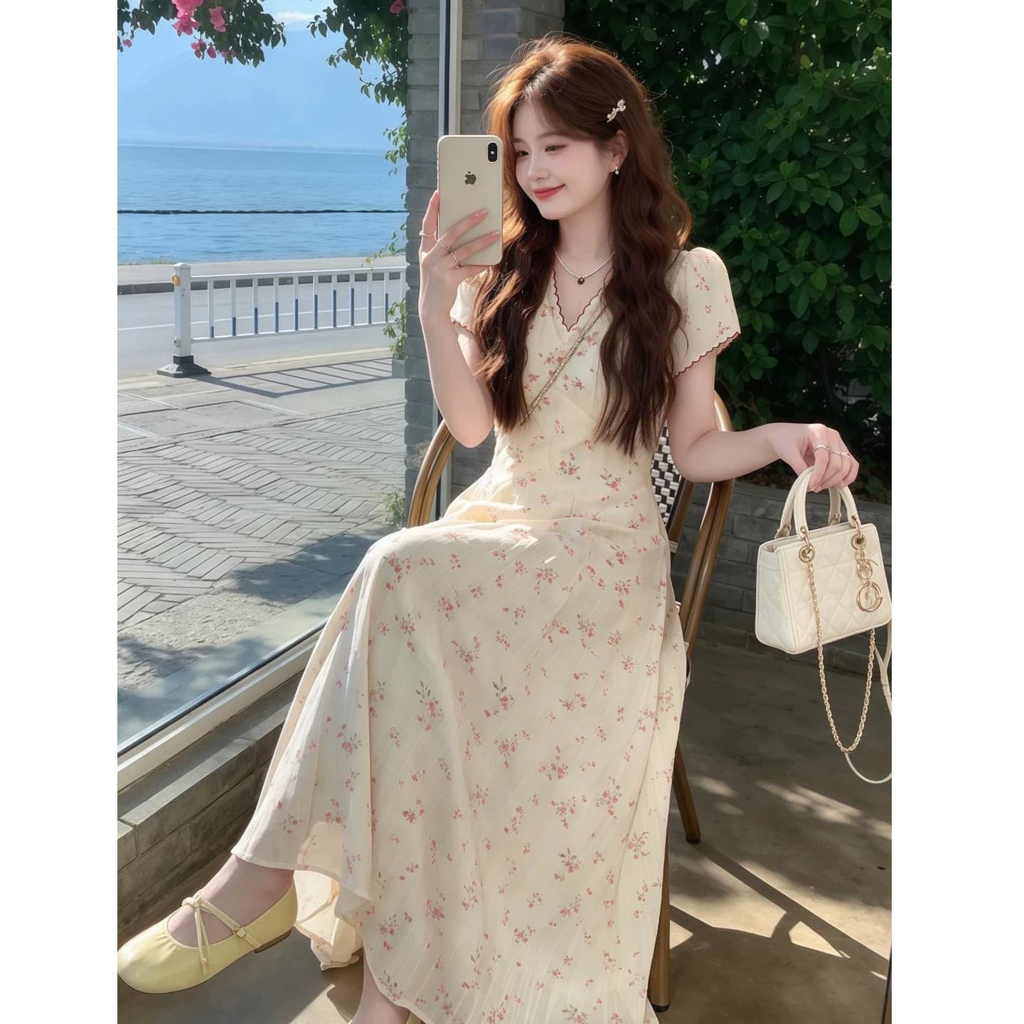 부드러운 달콤한 스타일 프랑스식 꽃무늬 여성 드레스 여름 새로운 슈퍼 잘 생긴 품격 작은 키 높은 품질 롱 스커트 이미지 5