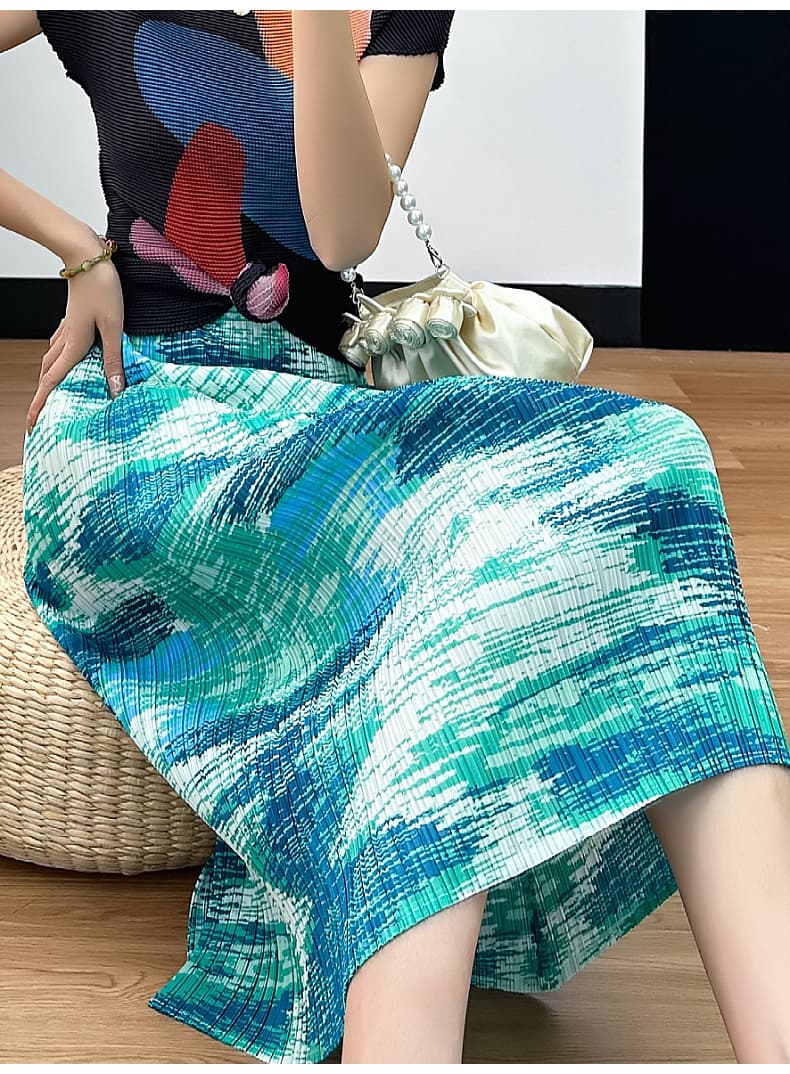 플리츠 스커트 치마 발 트임 고급 센스 유화 프린트 반신 스커트 여성 여름 새로운 한국 스타일 상세 이미지 1
