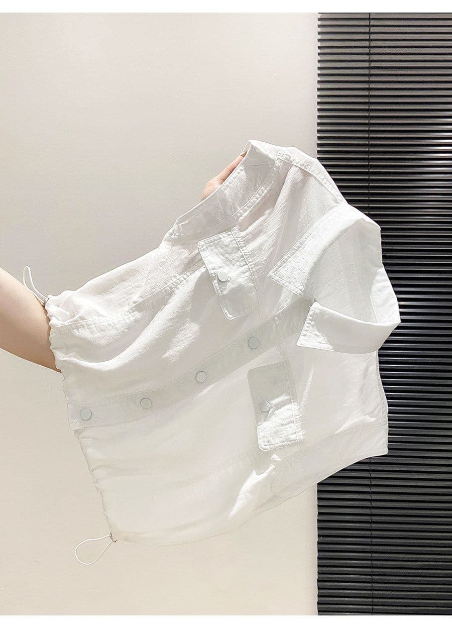 작은 대중 디자인 센스 민소매 여성 셔츠 여름 새로운 파란색 디스플레이 화이트 폴로 칼라 펌프 로프 허리 수축 슬림해 보이는 외부 잡아라. 의류 상세 이미지 2