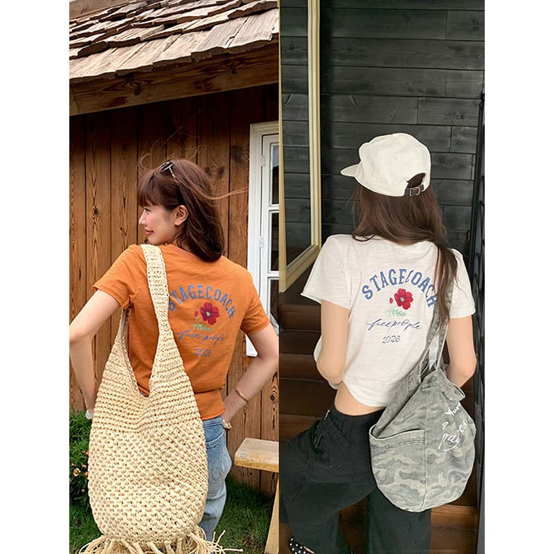 경관 그림 순면 도파민 주황색 알파벳 프린트 라운드 넥 긍정적 인 어깨 반팔 티셔츠 여성 여름 루즈핏 맨위