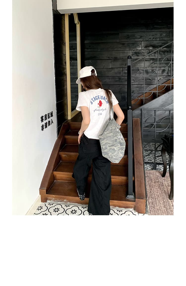 경관 그림 순면 도파민 주황색 알파벳 프린트 라운드 넥 긍정적 인 어깨 반팔 티셔츠 여성 여름 루즈핏 맨위 상세 이미지 17
