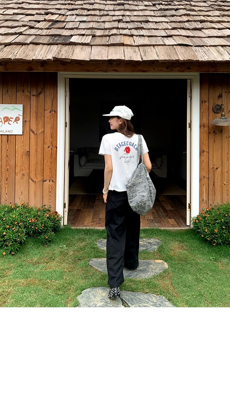 경관 그림 순면 도파민 주황색 알파벳 프린트 라운드 넥 긍정적 인 어깨 반팔 티셔츠 여성 여름 루즈핏 맨위 상세 이미지 22