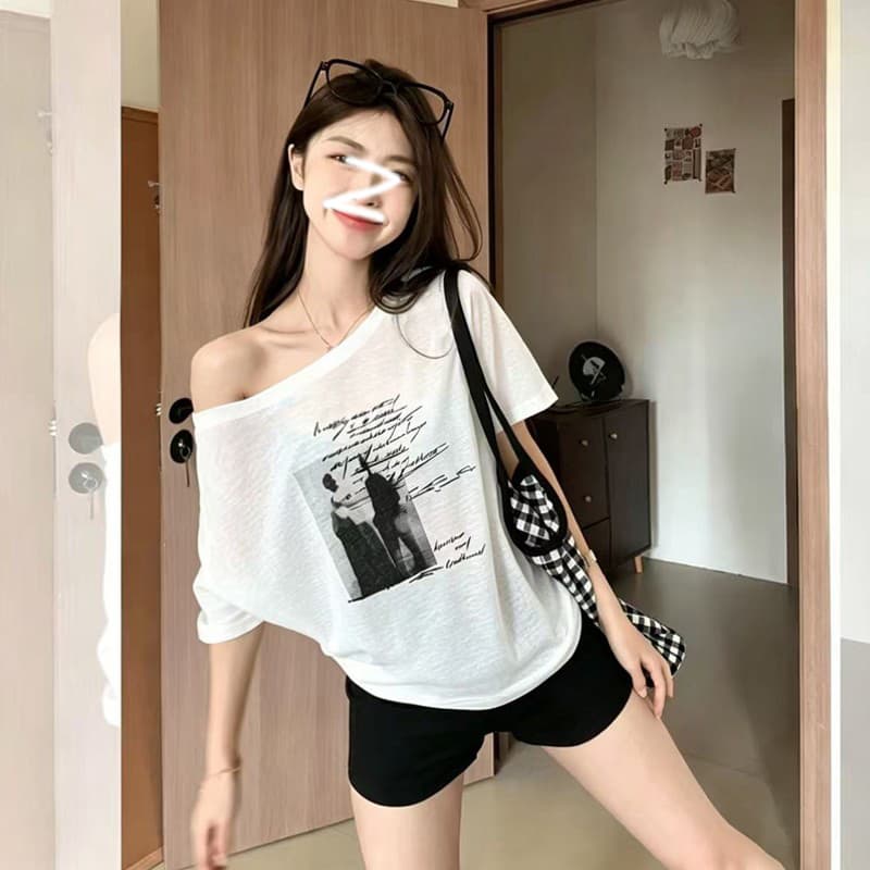 경관 그림 주간 실크 라이 경기 서울 눈꽃 면 순수한 욕망 비스듬한 어깨 프린트 자외선 차단 반팔 티셔츠 여성 한 첨부 된 의류 여름 상세 이미지 2
