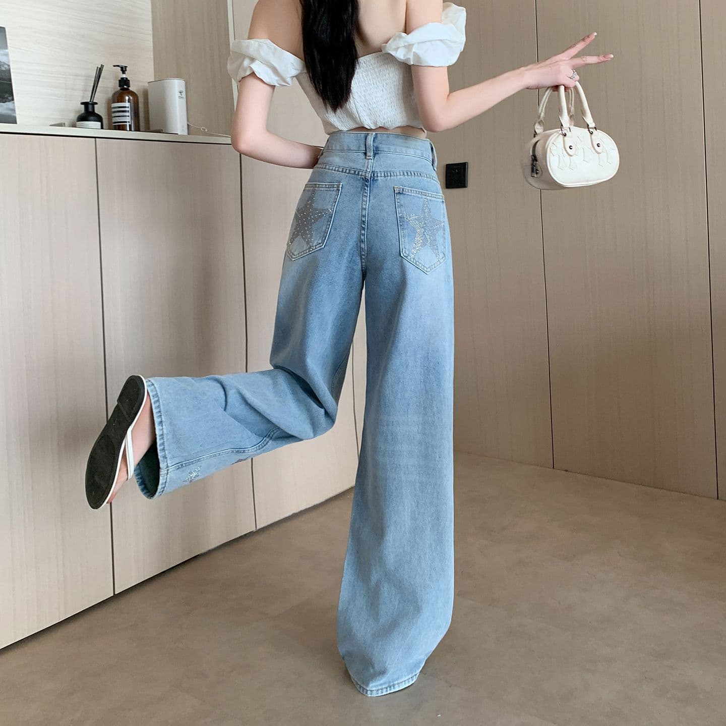 실사 아메리칸 레트로 워싱 별 핫픽스 청바지 여성 새로운 핫걸 루즈핏 스트레이트 롱 바지 상세 이미지 9