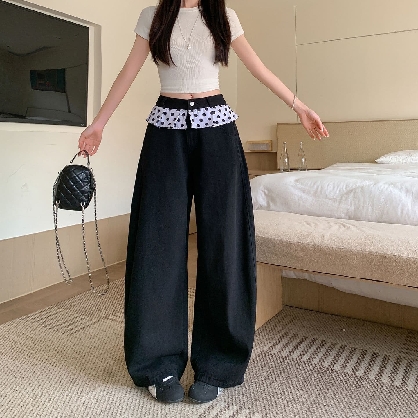 실사 검정색 스트레이트 청바지 여성 새로운 도트 무늬 패치워크 디자인 센스 발레 바람 루즈핏 와이드 레그 팬츠 상세 이미지 1