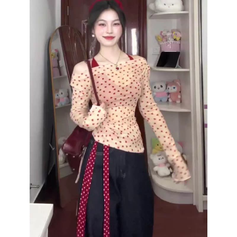 원본 것 벨트 가슴 패드 행침 목 캐미솔 여름 오프숄더 하트 자외선 차단 블라우스 세트 이미지 2