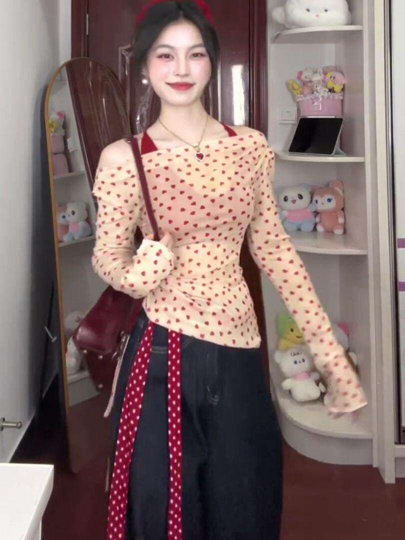 원본 것 벨트 가슴 패드 행침 목 캐미솔 여름 오프숄더 하트 자외선 차단 블라우스 세트 상세 이미지 6