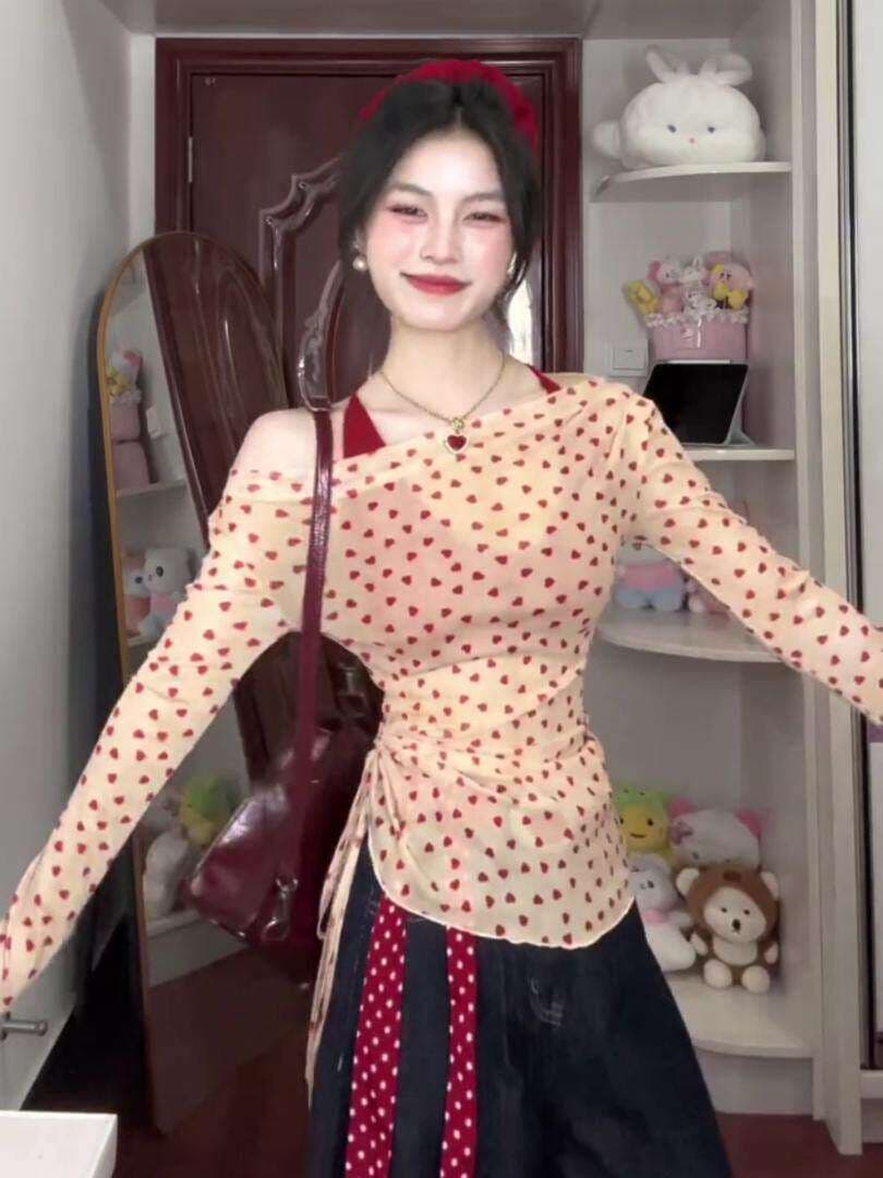 원본 것 벨트 가슴 패드 행침 목 캐미솔 여름 오프숄더 하트 자외선 차단 블라우스 세트 상세 이미지 10