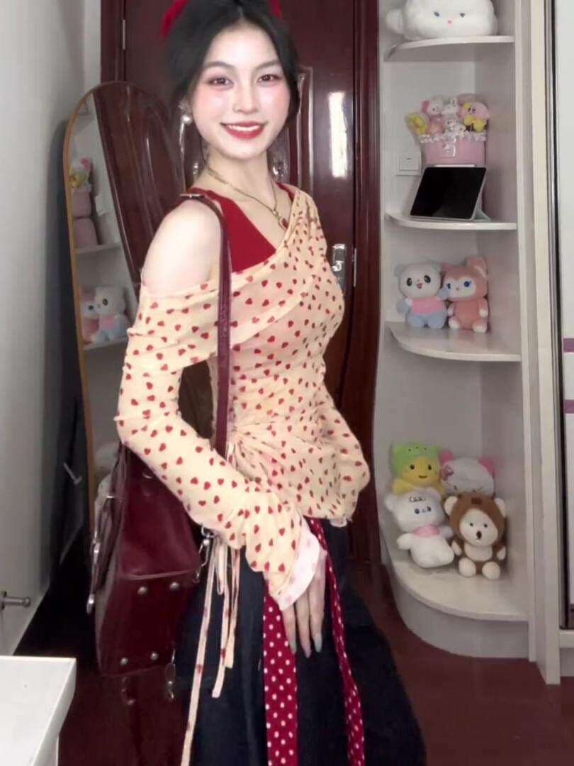 원본 것 벨트 가슴 패드 행침 목 캐미솔 여름 오프숄더 하트 자외선 차단 블라우스 세트 상세 이미지 11