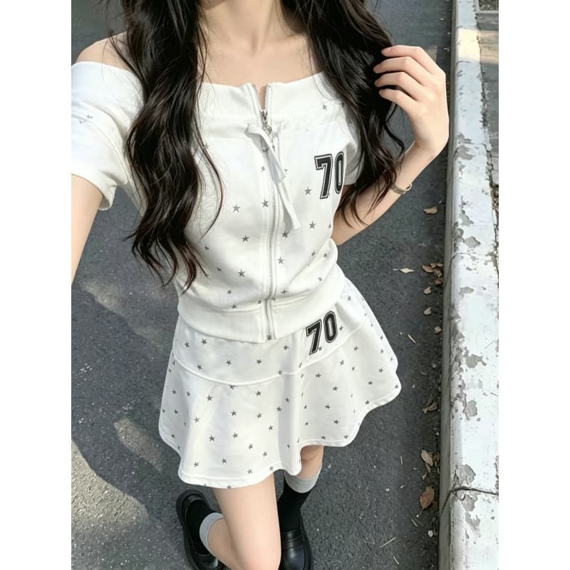 아메리칸 핫걸 스포츠 슈트 여성 여름 세련된 슬림해 보이는 별 프린트 오프숄더 반팔 미니 스커트 투피스 세트 트렌디
