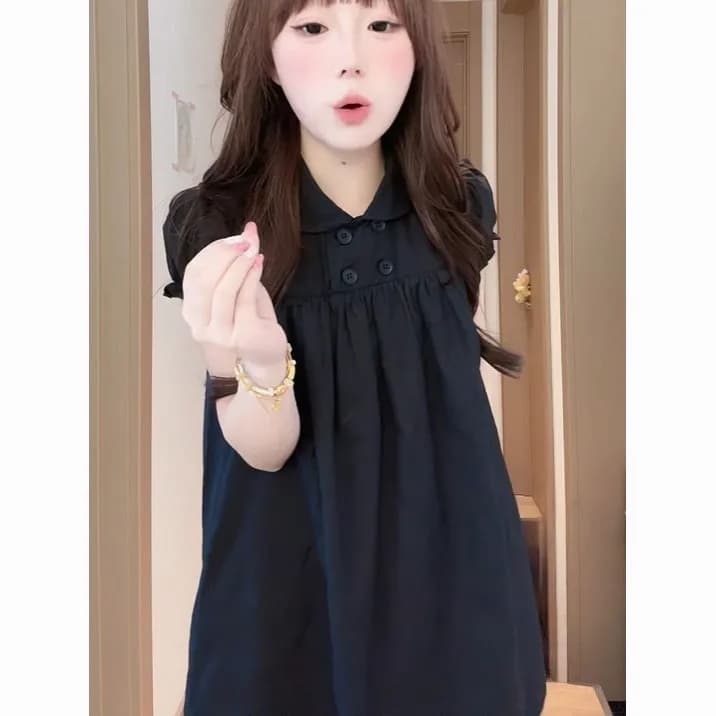 일본식 레트로 체크무늬 폴로 칼라 반팔 여성 드레스 여름 새로운 학원 스타일 루즈핏 외국 가스 슈퍼 잘 생긴 미니 스커트 이미지 4