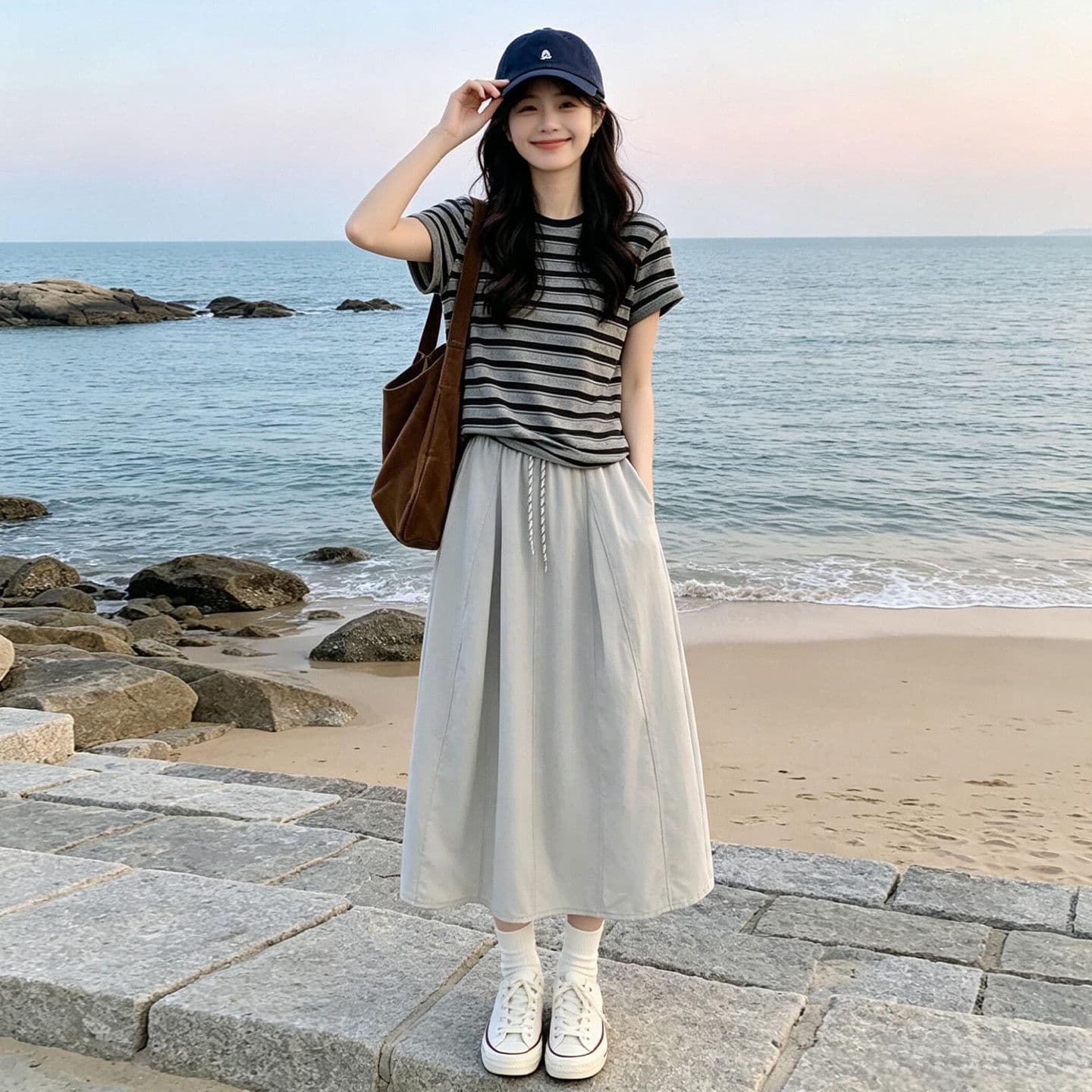 2026 새로운 스트라이프 티셔츠 반신 여성 드레스 여름 작은 키 그레이트 통해보기 가져 가라. 에이즈 환자 세트 롱 스커트