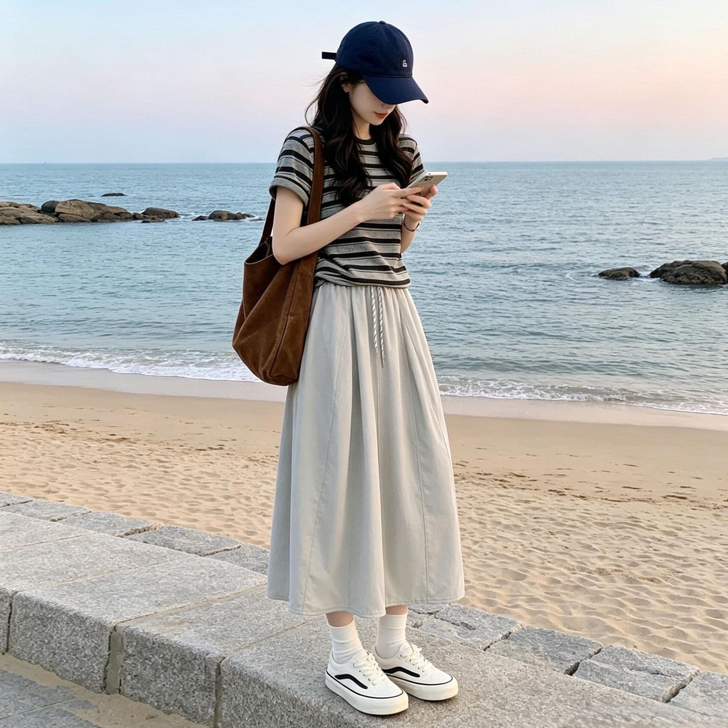 2026 새로운 스트라이프 티셔츠 반신 여성 드레스 여름 작은 키 그레이트 통해보기 가져 가라. 에이즈 환자 세트 롱 스커트 이미지 4