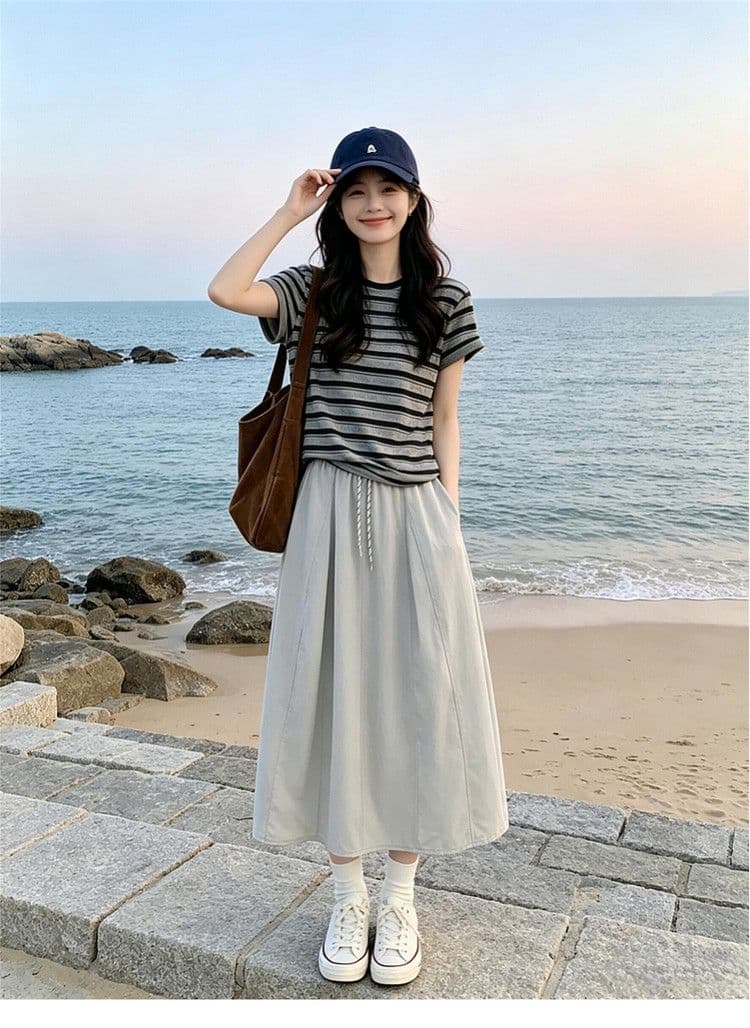 2026 새로운 스트라이프 티셔츠 반신 여성 드레스 여름 작은 키 그레이트 통해보기 가져 가라. 에이즈 환자 세트 롱 스커트 상세 이미지 7