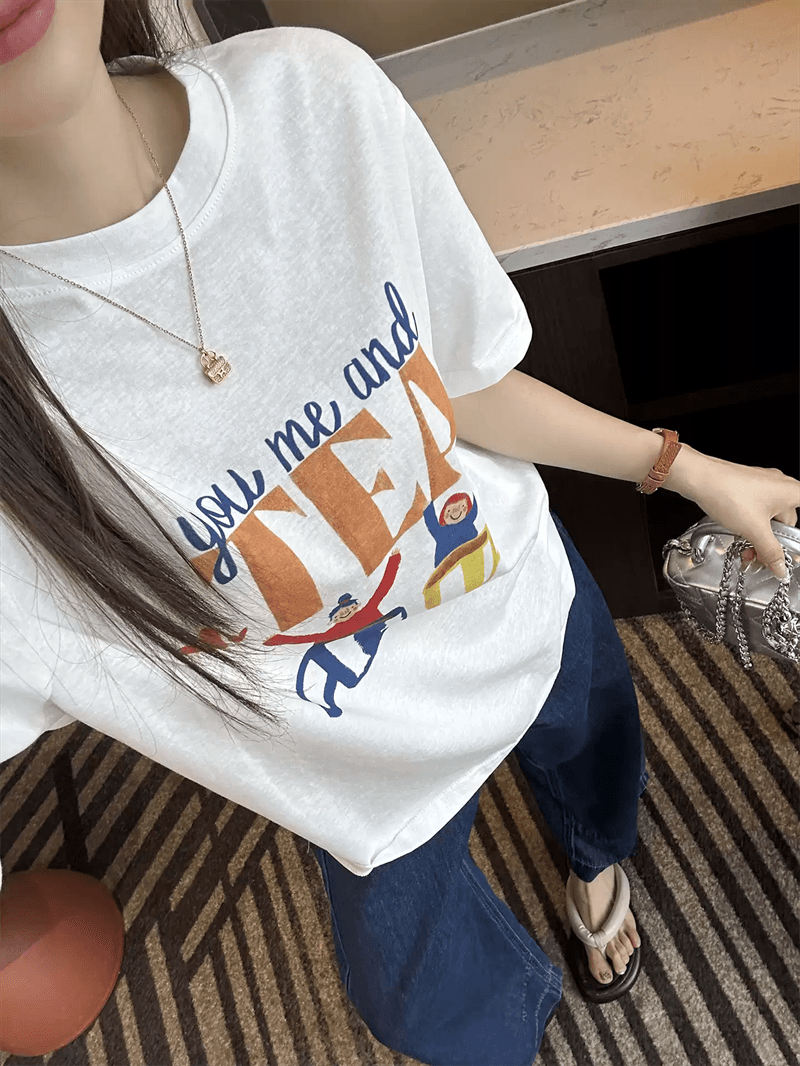 경관 그림 21 순면 210 그램 이후 패키지 칼라 여름 드레스 한 부서 반팔 티셔츠 여성 한국 스타일 루즈핏 빅 사이즈 프린트 상세 이미지 5