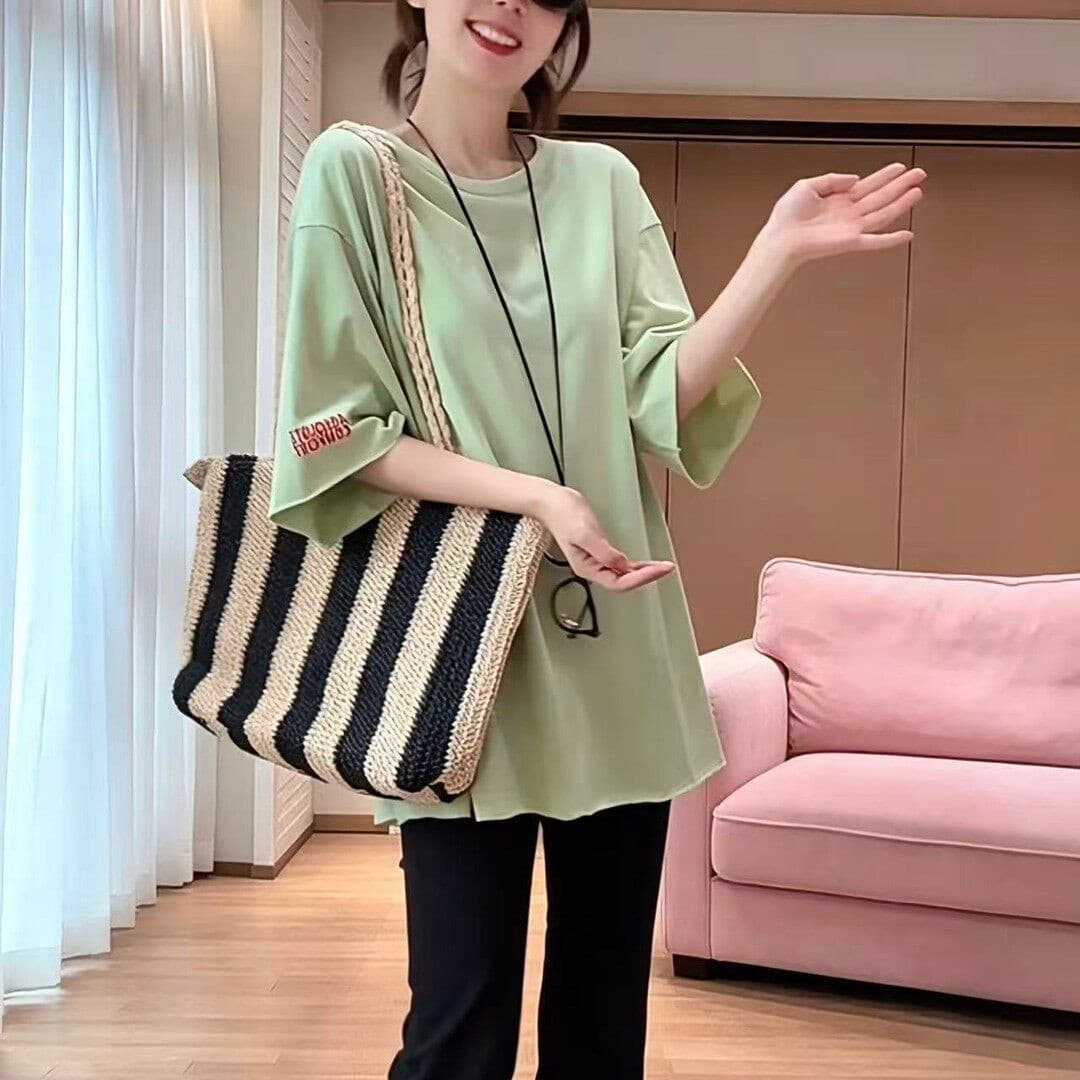 면 박하 여름 알파벳 프린트 5 점 소매 티셔츠 여성 여름 새로운 루즈핏 캐주얼 이미지 3