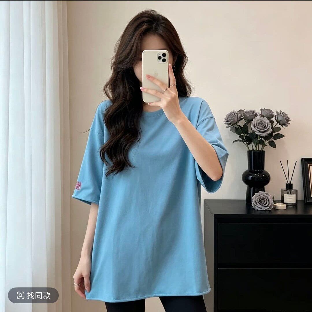 면 박하 여름 알파벳 프린트 5 점 소매 티셔츠 여성 여름 새로운 루즈핏 캐주얼 상세 이미지 7