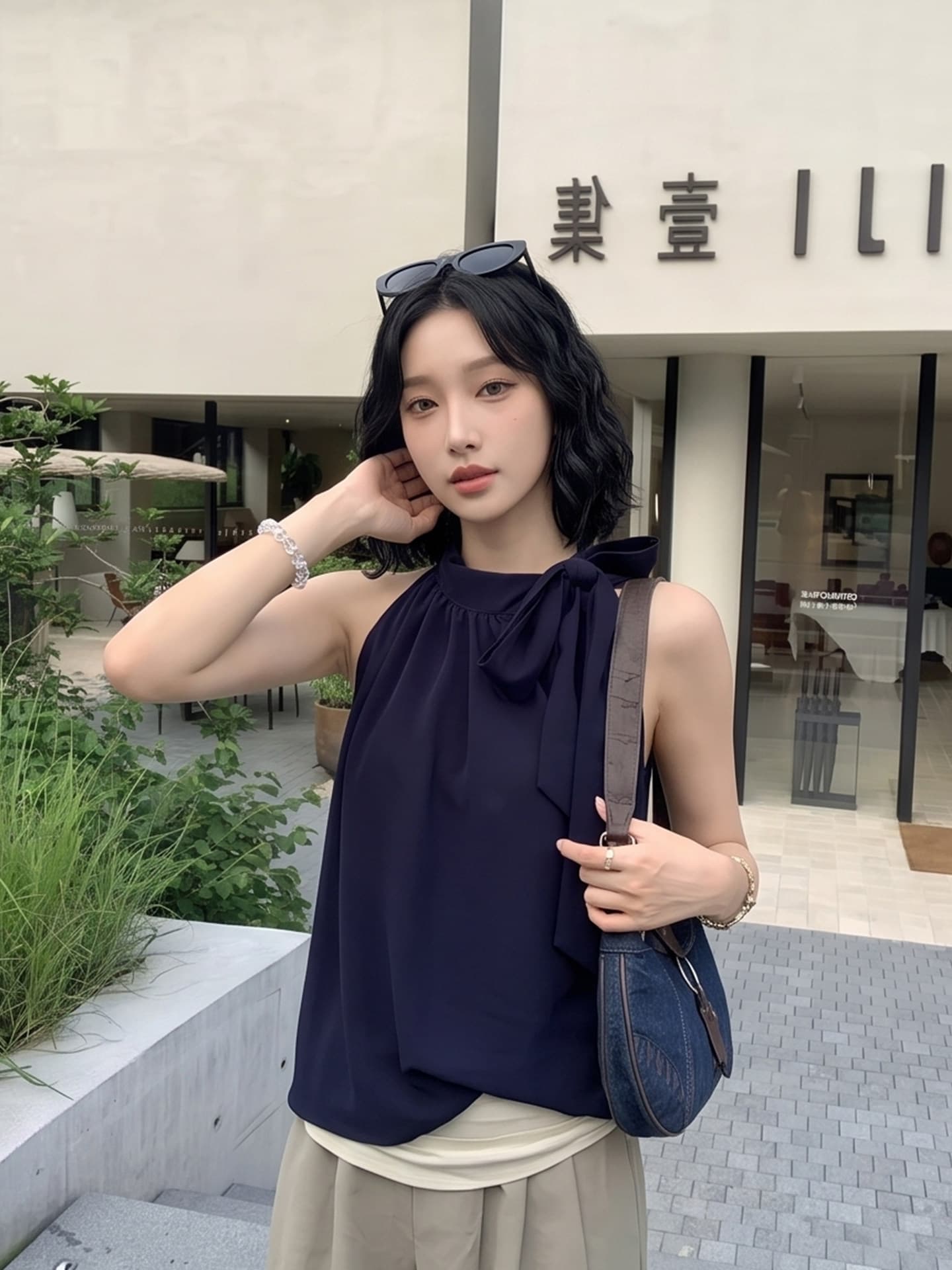 핫걸 나비 매듭 민소매 행침 목 조끼 여성 여름 로드 중 고급 센스 작은 키 레이스업 해군 작은 대중 맨위 상세 이미지 1