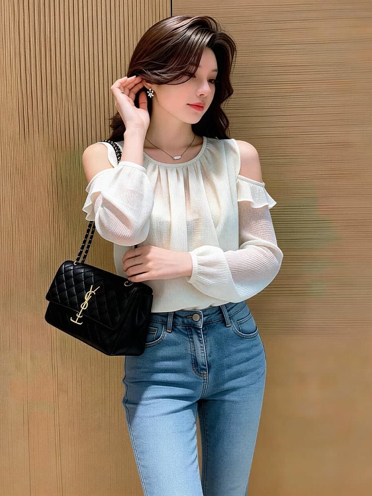 프랑스식 행침 목 오프숄더 발굴하다 어깨 벌룬 소매 긴팔 맨위 여성 가을 디자인 센스 작은 대중 프릴 쉬폰 셔츠 이미지 4