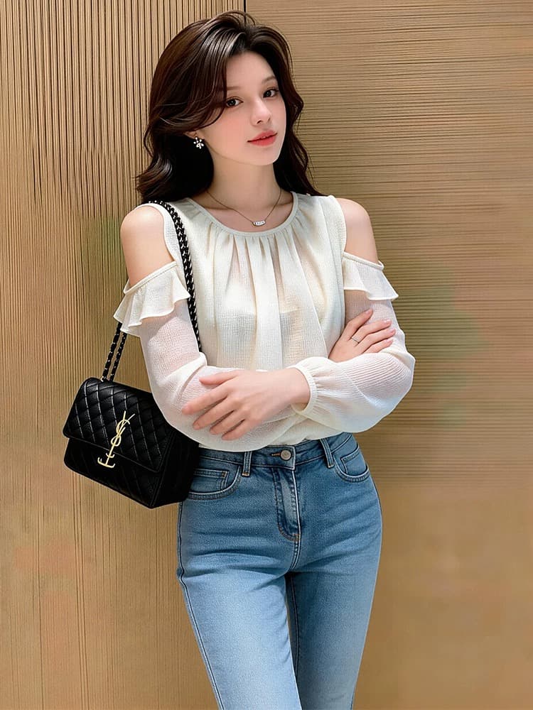 프랑스식 행침 목 오프숄더 발굴하다 어깨 벌룬 소매 긴팔 맨위 여성 가을 디자인 센스 작은 대중 프릴 쉬폰 셔츠 상세 이미지 1