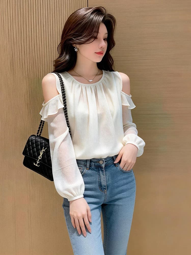 프랑스식 행침 목 오프숄더 발굴하다 어깨 벌룬 소매 긴팔 맨위 여성 가을 디자인 센스 작은 대중 프릴 쉬폰 셔츠 상세 이미지 4