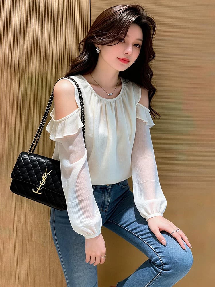 프랑스식 행침 목 오프숄더 발굴하다 어깨 벌룬 소매 긴팔 맨위 여성 가을 디자인 센스 작은 대중 프릴 쉬폰 셔츠 상세 이미지 5