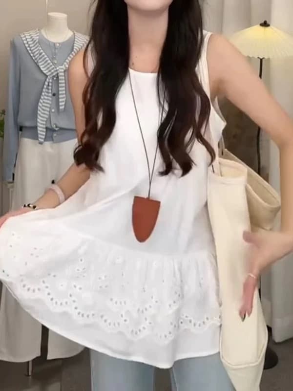 한 스타일 품격 패치워크 레이스 옆으로 눕다. 진자 조끼 여성 여름 스택 착용 순수한 욕망 센스 루즈핏 단어 어깨 민소매 맨위