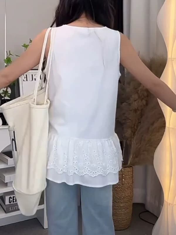 한 스타일 품격 패치워크 레이스 옆으로 눕다. 진자 조끼 여성 여름 스택 착용 순수한 욕망 센스 루즈핏 단어 어깨 민소매 맨위 상세 이미지 4