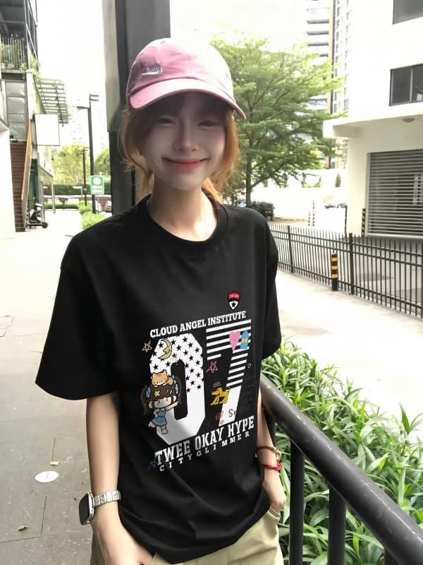 230 크 순면 프린트 반팔 티셔츠 여성 출처 한국 스타일 여성 의류 높은 품질 이미지 2