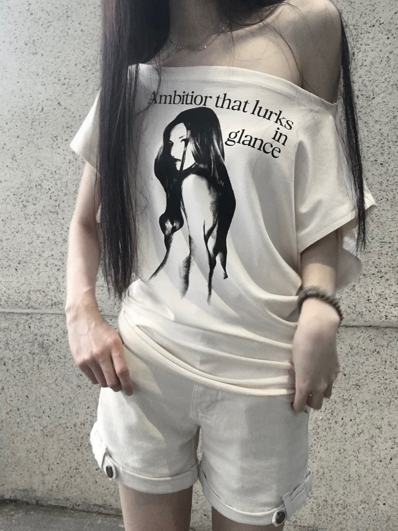 220 그램 92 면 8 암모니아 Lun 아메리칸 핫걸 비스듬한 어깨 알파벳 프린트 반팔 티셔츠 여성 상세 이미지 2