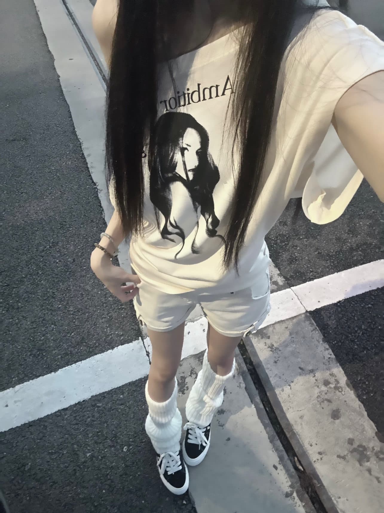 220 그램 92 면 8 암모니아 Lun 아메리칸 핫걸 비스듬한 어깨 알파벳 프린트 반팔 티셔츠 여성 상세 이미지 5