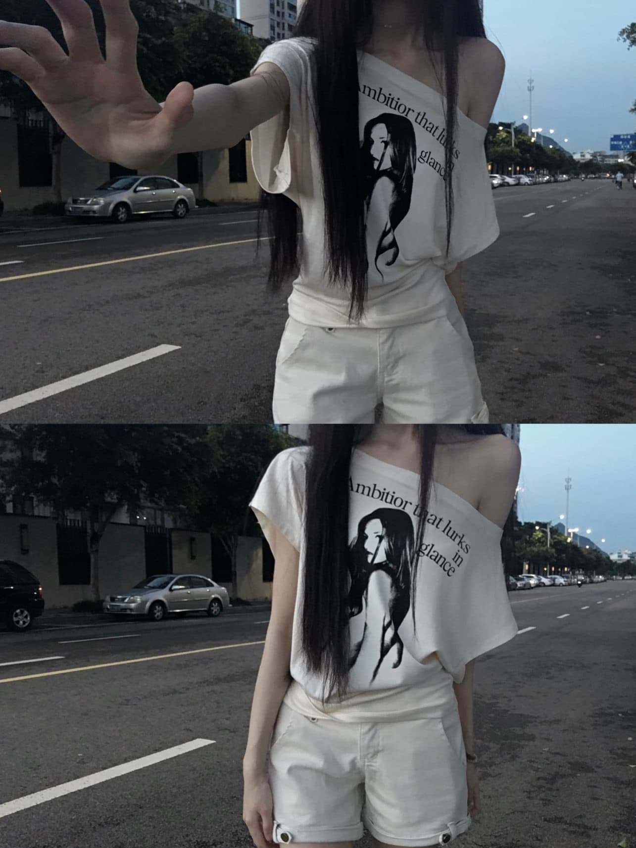 220 그램 92 면 8 암모니아 Lun 아메리칸 핫걸 비스듬한 어깨 알파벳 프린트 반팔 티셔츠 여성 상세 이미지 6