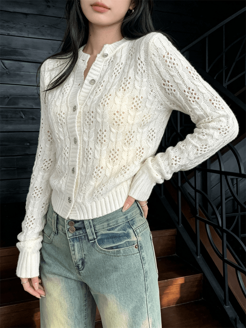부드러운 바람 품격 홀로우 아웃 니트 오픈 가디건 여성 봄 가을 쇼트 스타일 다용도 루즈핏 슬림해 보이는 스웨터 코트 맨위 상세 이미지 12