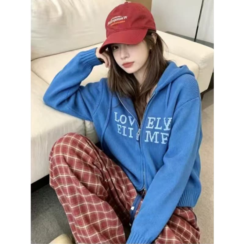 한 부서 분위기 센스 착용 가져 가라. 알파벳 지퍼 후드 스웨터 여자 가을 겨울 루즈핏 느긋한 고급 센스 니트 스웨터 이미지 3
