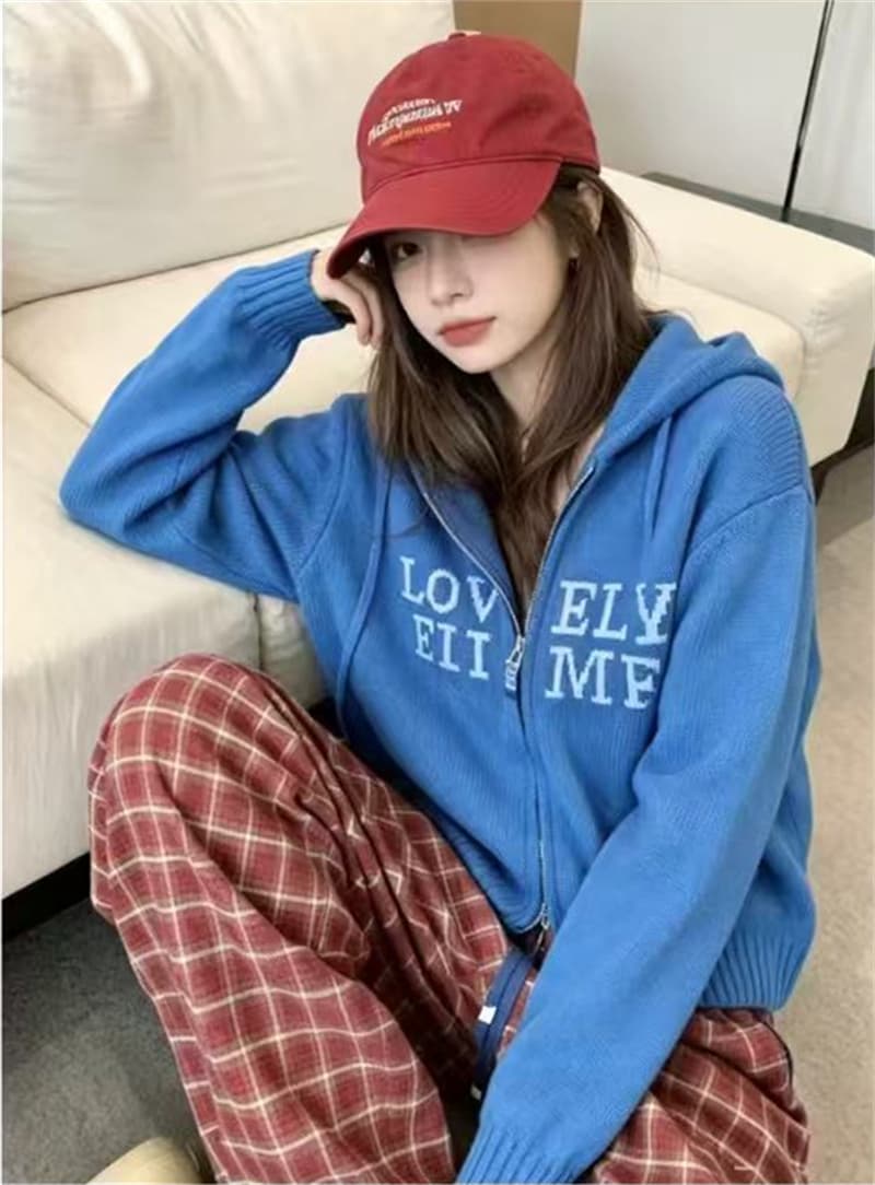 한 부서 분위기 센스 착용 가져 가라. 알파벳 지퍼 후드 스웨터 여자 가을 겨울 루즈핏 느긋한 고급 센스 니트 스웨터 상세 이미지 6