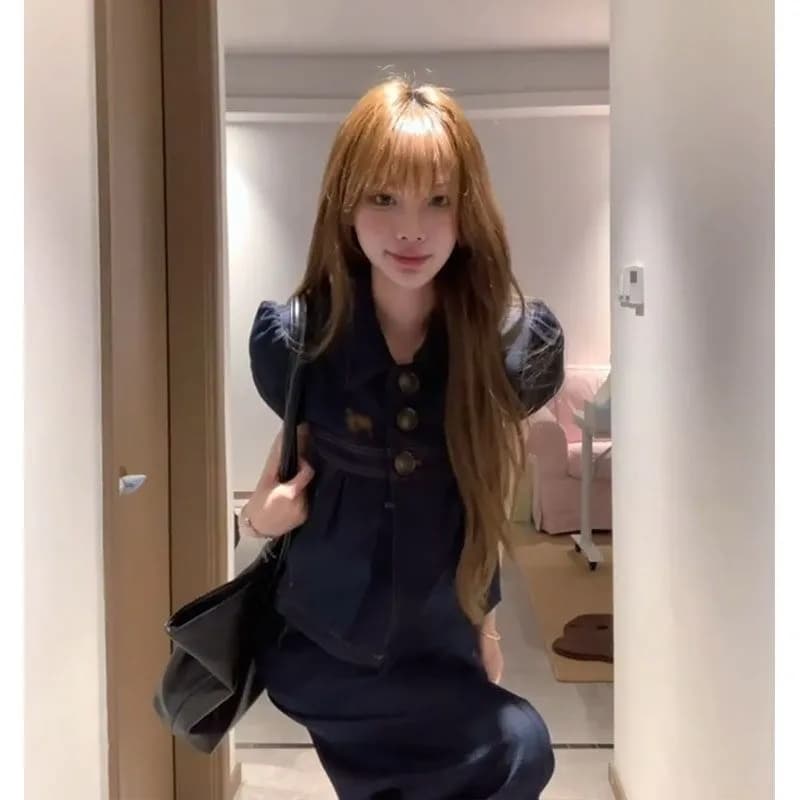 새로운 한국 스타일 달콤한 차가운 캐주얼 분위기 센스 착용 가져 가라. 전체 집합 데님 폴로 칼라 맨위 코디 데님 와이드 레그 팬츠 상세 이미지 4