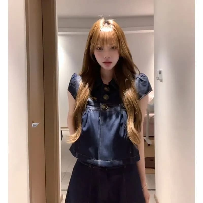 새로운 한국 스타일 달콤한 차가운 캐주얼 분위기 센스 착용 가져 가라. 전체 집합 데님 폴로 칼라 맨위 코디 데님 와이드 레그 팬츠 상세 이미지 5