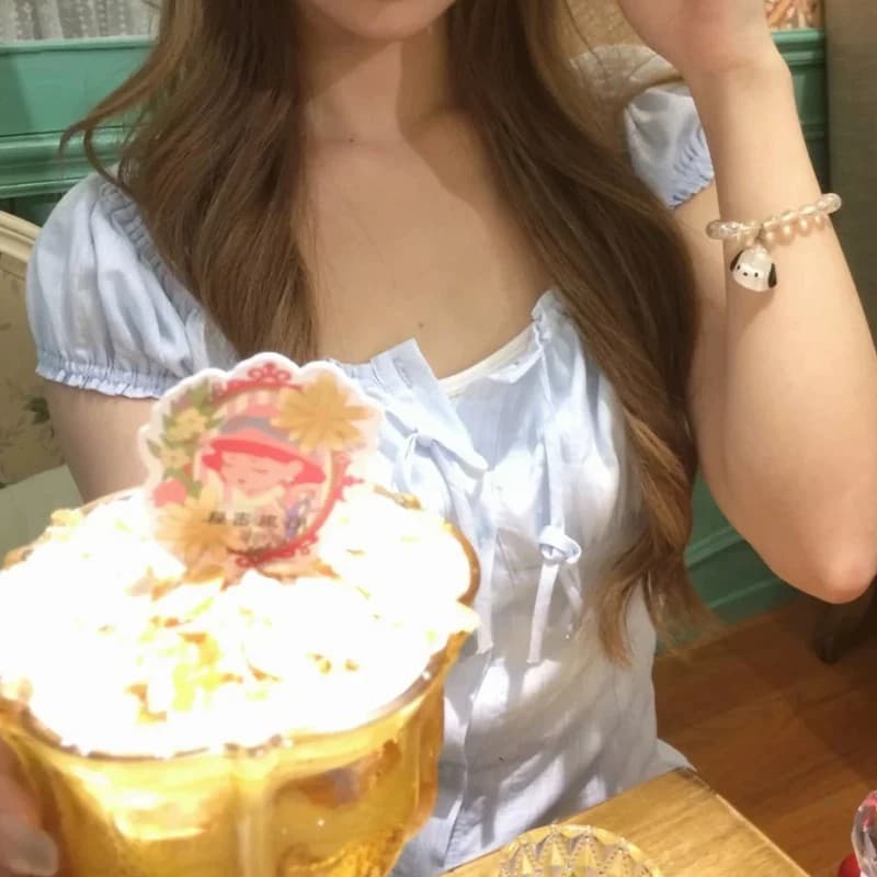 프랑스식 학원 스타일 파란색 반팔 여성 셔츠 여름 섹션 디자인 센스 허리 수축 몸매 가꾸기 슬림해 보이는 프릴 달콤함 맨위 이미지 3