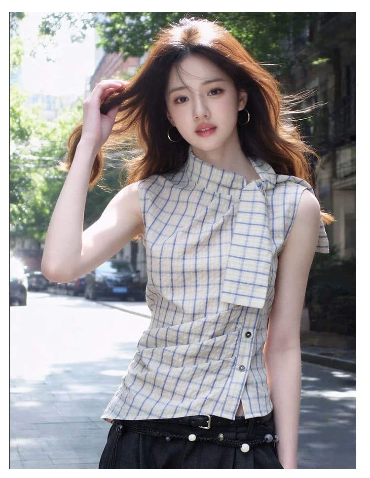 2026 여름 새로운 체크무늬 터틀넥 레이스업 허리 수축 셔츠 맨위 여성 디자인 센스 몸매 가꾸기 슬림해 보이는 품격 다용도 상세 이미지 5