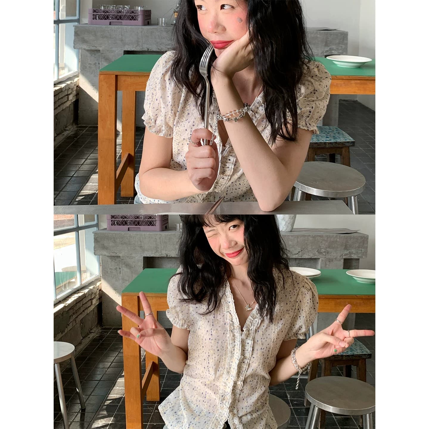 프랑스식 V넥 거품 소매 반팔 여성 셔츠 디자인 센스 프릴 꽃무늬 주름 몸매 가꾸기 슬림해 보이는 맨위 이미지 4