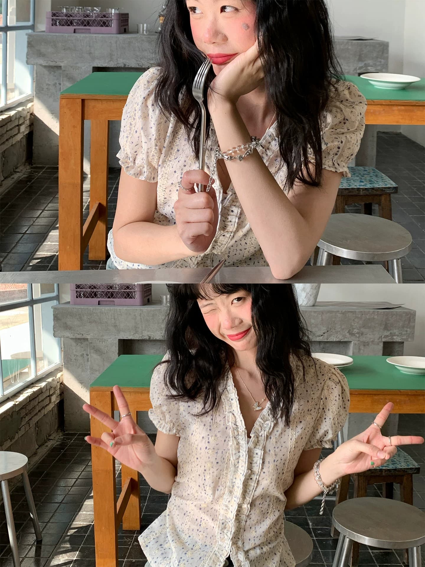 프랑스식 V넥 거품 소매 반팔 여성 셔츠 디자인 센스 프릴 꽃무늬 주름 몸매 가꾸기 슬림해 보이는 맨위 상세 이미지 5
