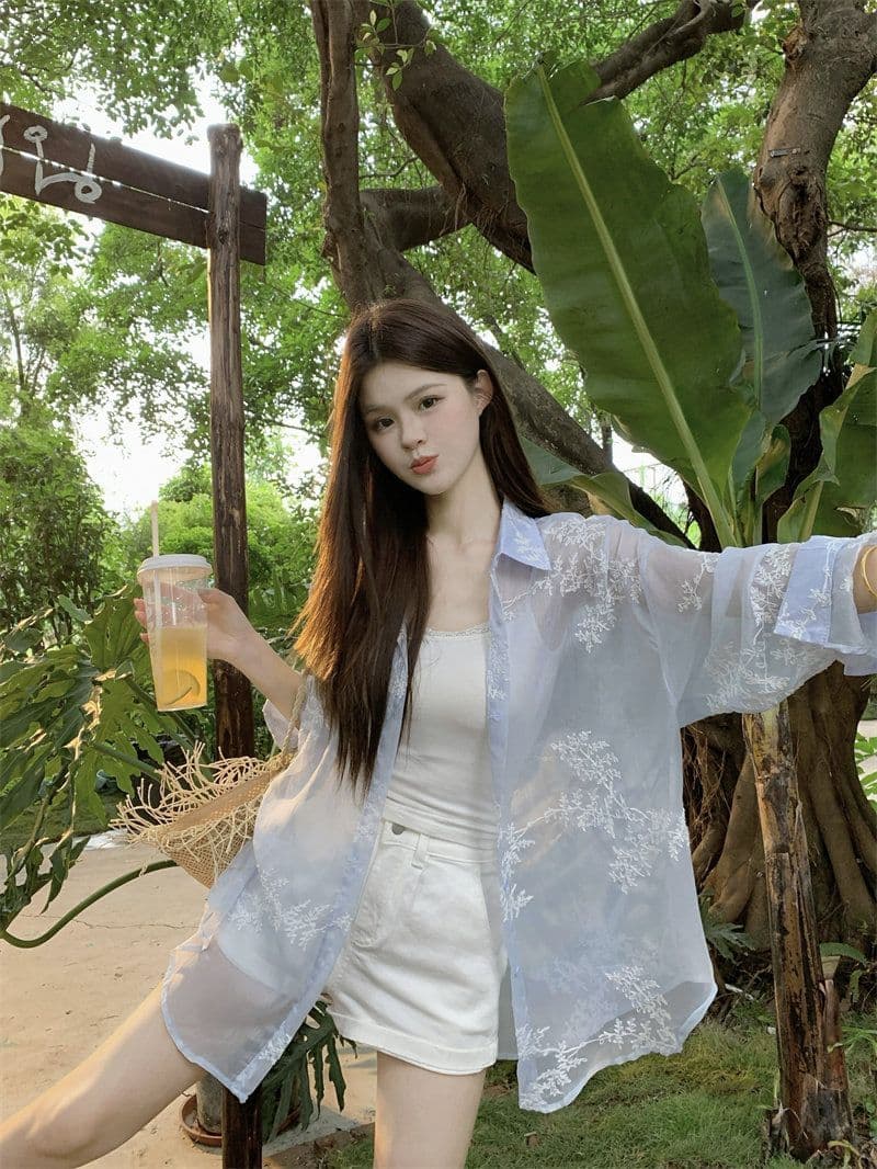 경관 그림 원본 원단 솜씨 자수 마이크로 ~을 통해 자외선 차단 긴팔 여성 셔츠 루즈핏 느긋한 바람 맨위 외부 가져 가라. 여성 상세 이미지 29