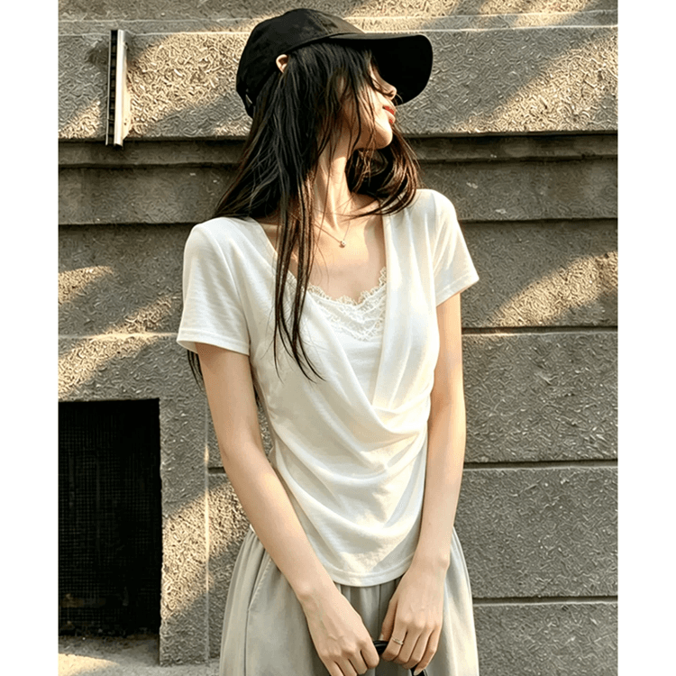 경관 그림 프랑스식 미니멀리즘 u 칼라 페이크 레이어드 화이트 반팔 티셔츠 여성 여름 레이스 조각 슬림해 보이는 맨위 이미지 4