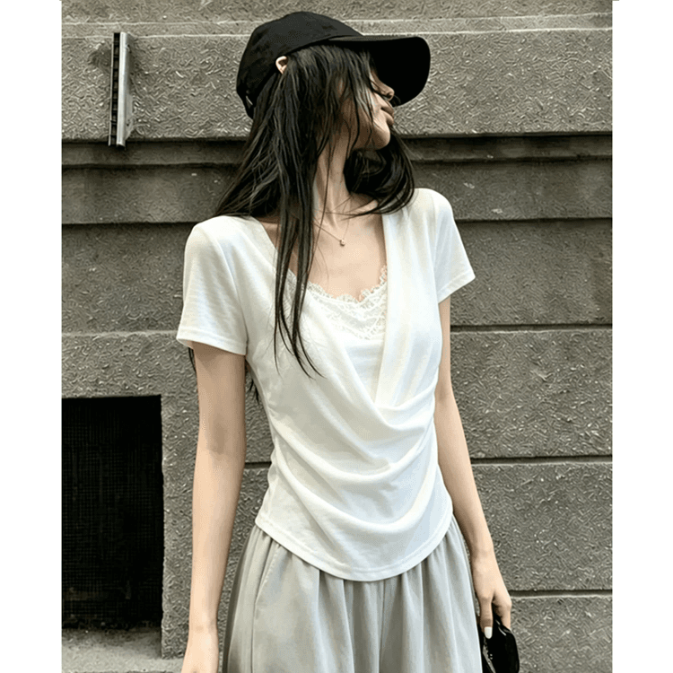 경관 그림 프랑스식 미니멀리즘 u 칼라 페이크 레이어드 화이트 반팔 티셔츠 여성 여름 레이스 조각 슬림해 보이는 맨위 상세 이미지 4