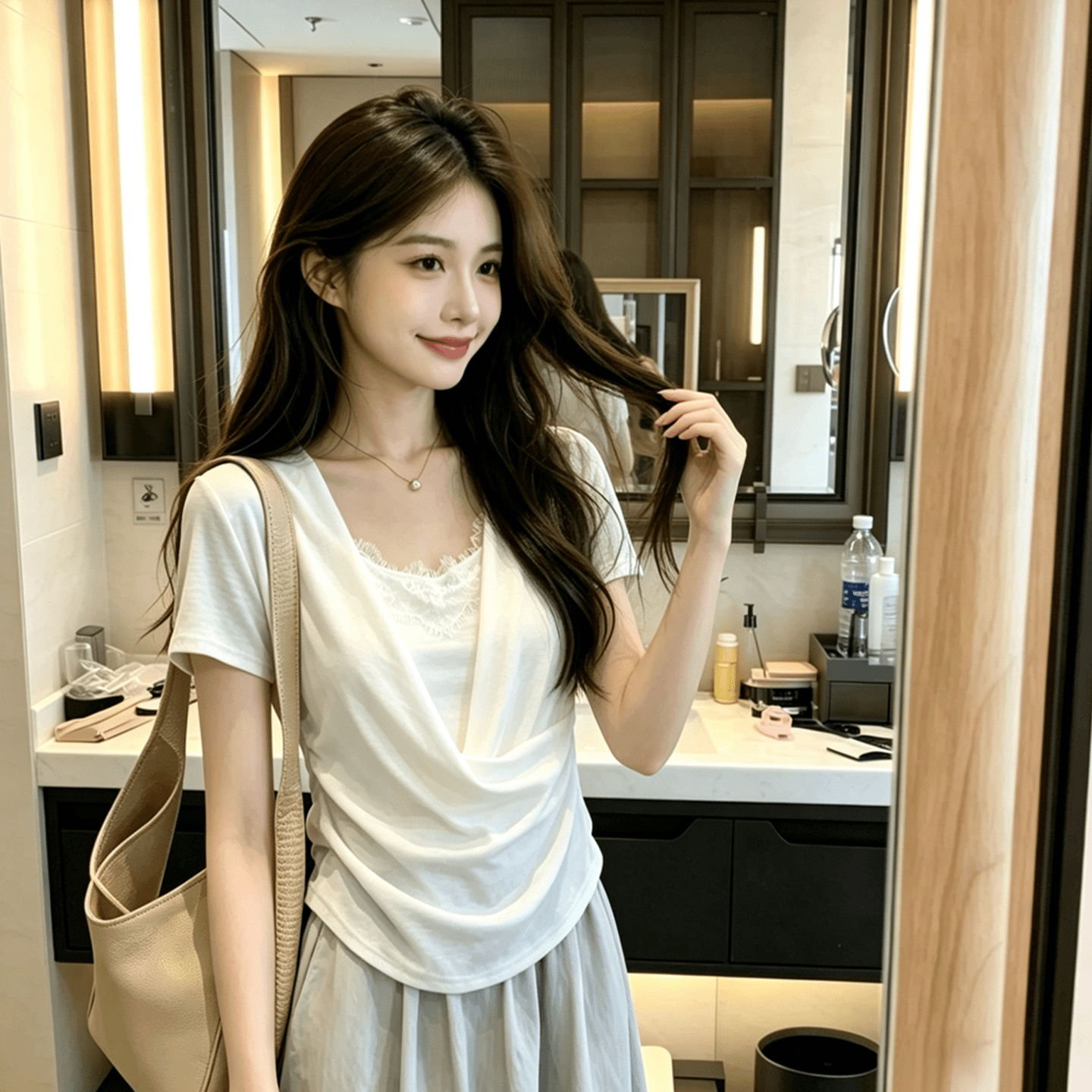 경관 그림 프랑스식 미니멀리즘 u 칼라 페이크 레이어드 화이트 반팔 티셔츠 여성 여름 레이스 조각 슬림해 보이는 맨위 상세 이미지 7